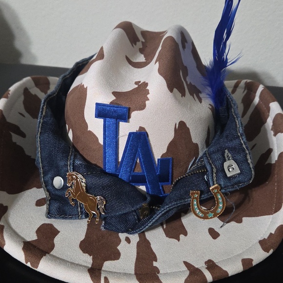Accessories - Cow Print Cowboy Hat with Blue LA Patch